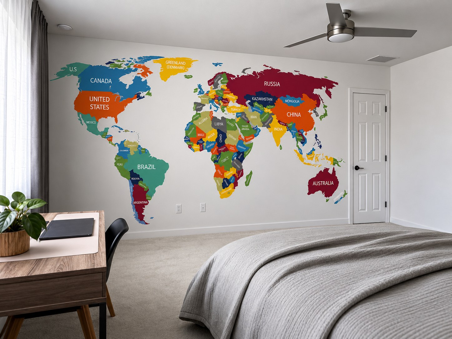 Wall printed with a world map mural by Machine Canvas