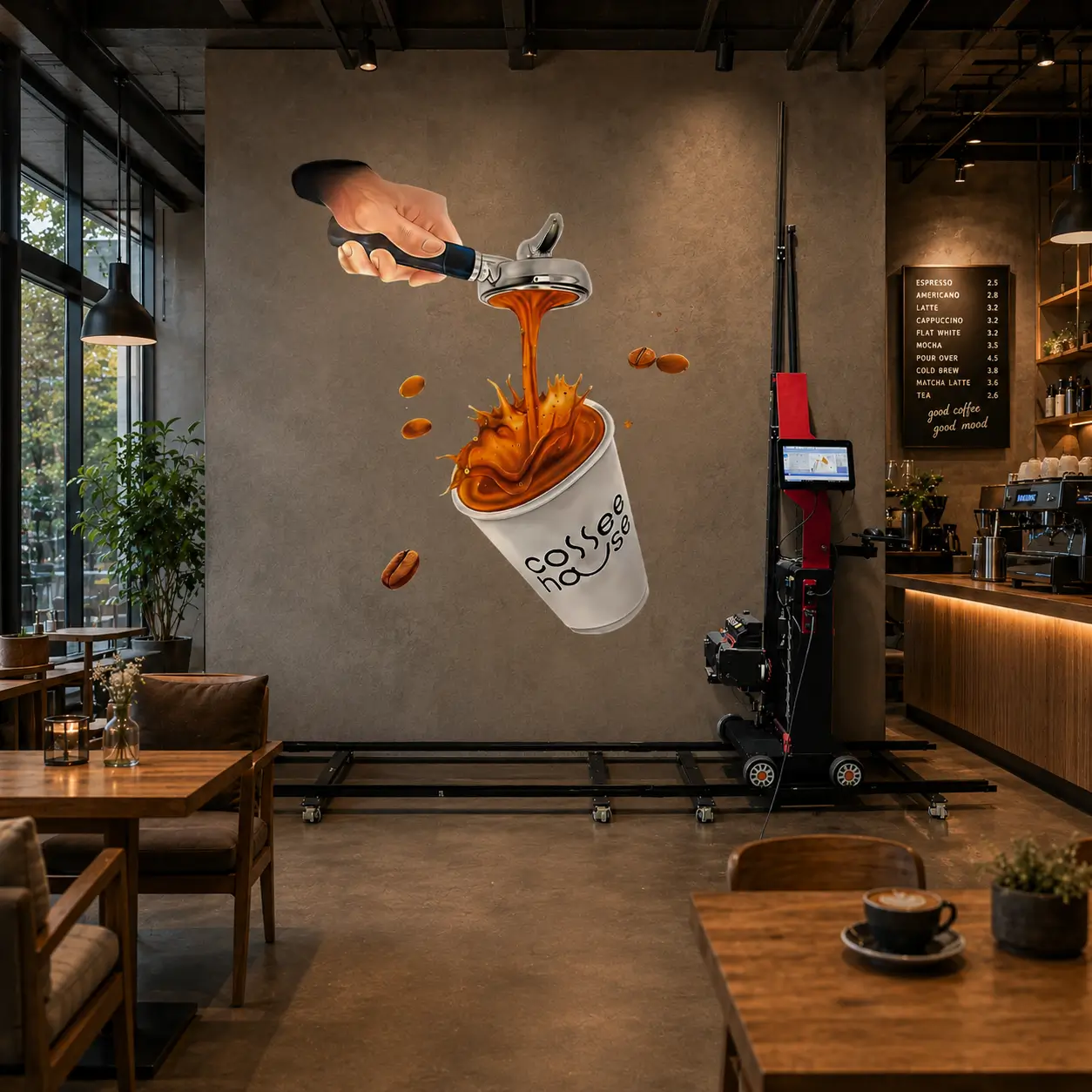 Café wall mural of a coffee pour printed by Machine Canvas