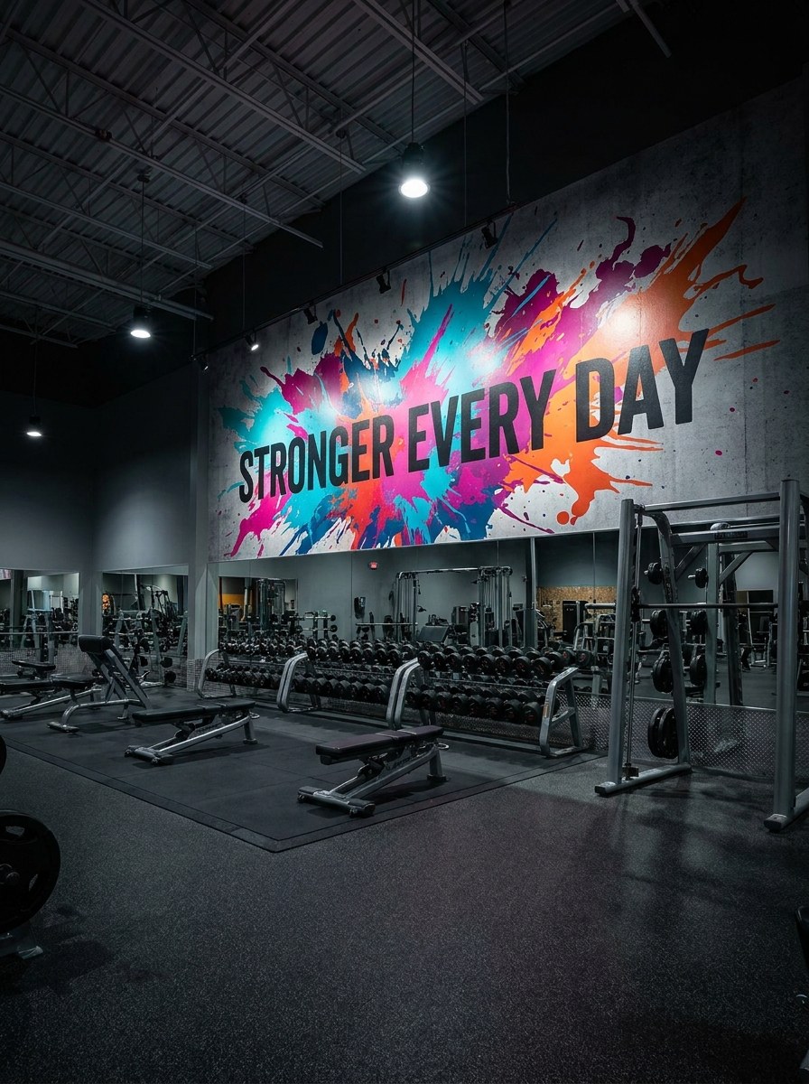 Modern gym interior with bold printed wall graphics