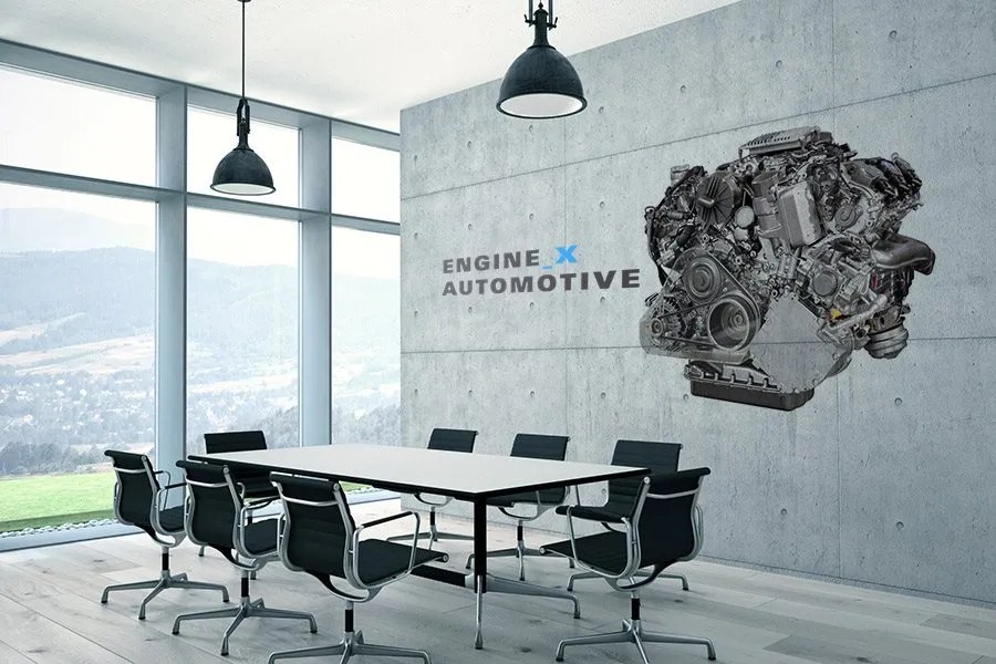 Modern office reception with a printed feature wall