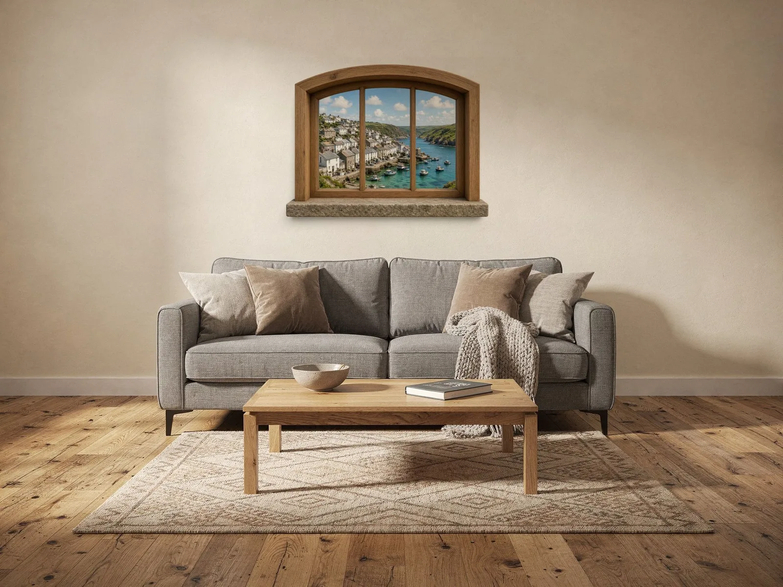 Cornish Harbour Arched Window printed on a wall